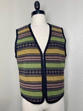 Vintage 90s Italian Wool Knit Vest Geometric Colorful Pattern Zip Front Size M
